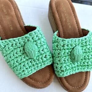 NEW Kurt Geiger Eagle Cork Slide Sandals Aqua Green Woven EU 36.5 US 6 Beachy